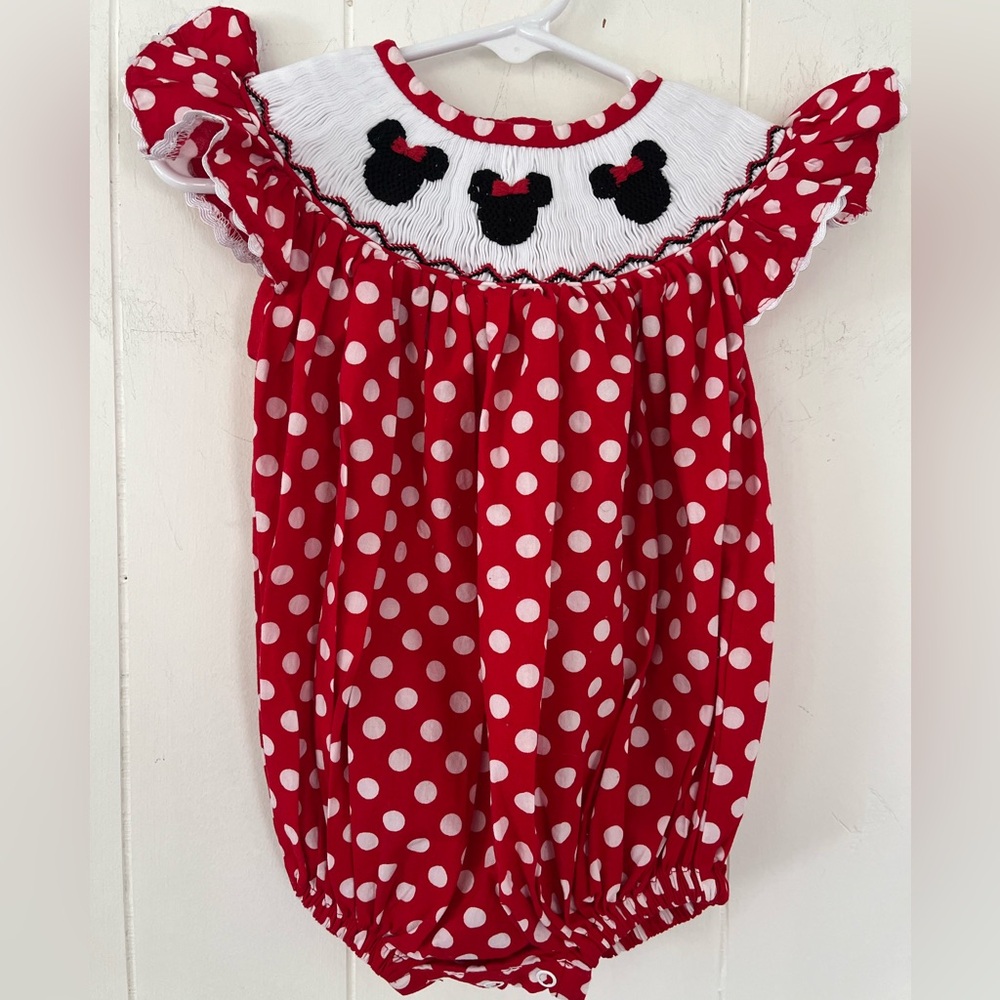 Pleats & Stitches Mouse Ears Smocked Romper Red Polka Dot Minnie Bubble 6 Months